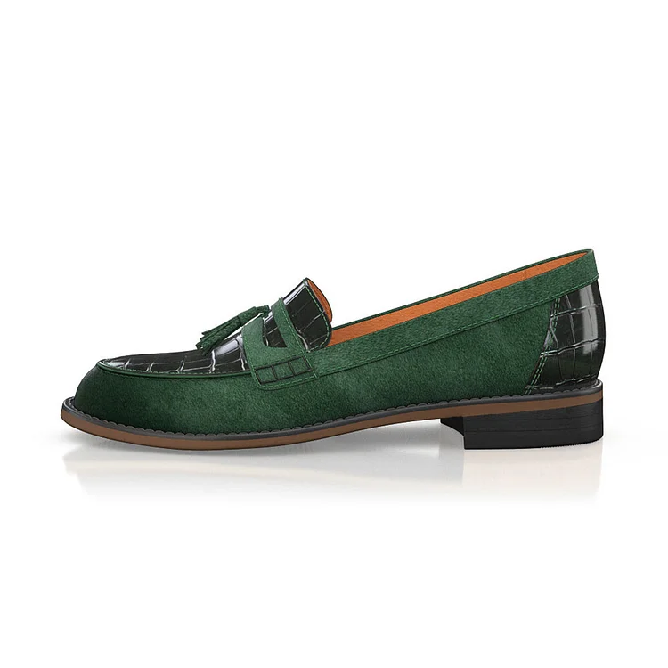 Women's Green & Black Embossed Splicing Penny Loafers with Fringe |FSJ Shoes