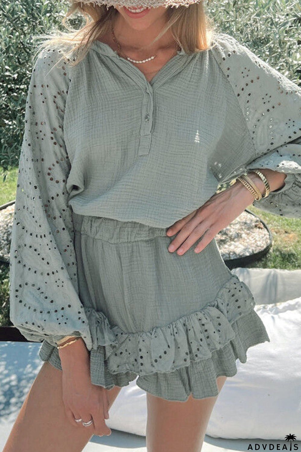 Green Eyelet Arm Ruffled and Shorts Raglan Top Set