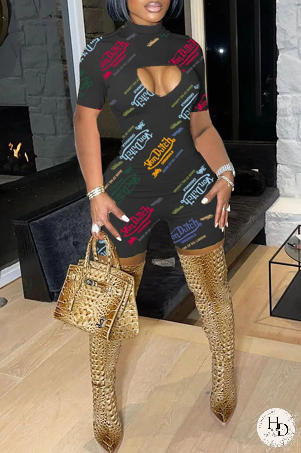 White Fashion Casual Print Hollowed Out Turtleneck Skinny Romper