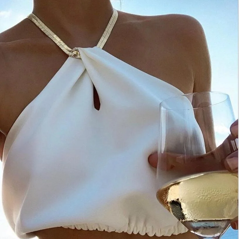 White Sleeveless Backless Top Cropped 2021 New Metal Chain Halter Crop Tops Women Elegant Summer Holiday