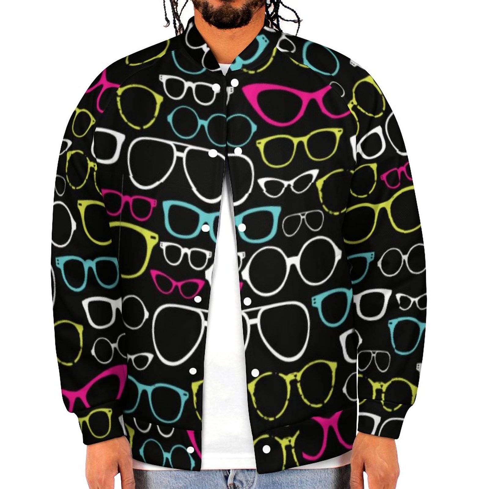 Glasses Spectacles Patterned Black Mens Baseball Jacket Guys Graphic Print Varsity Streetwear Coats