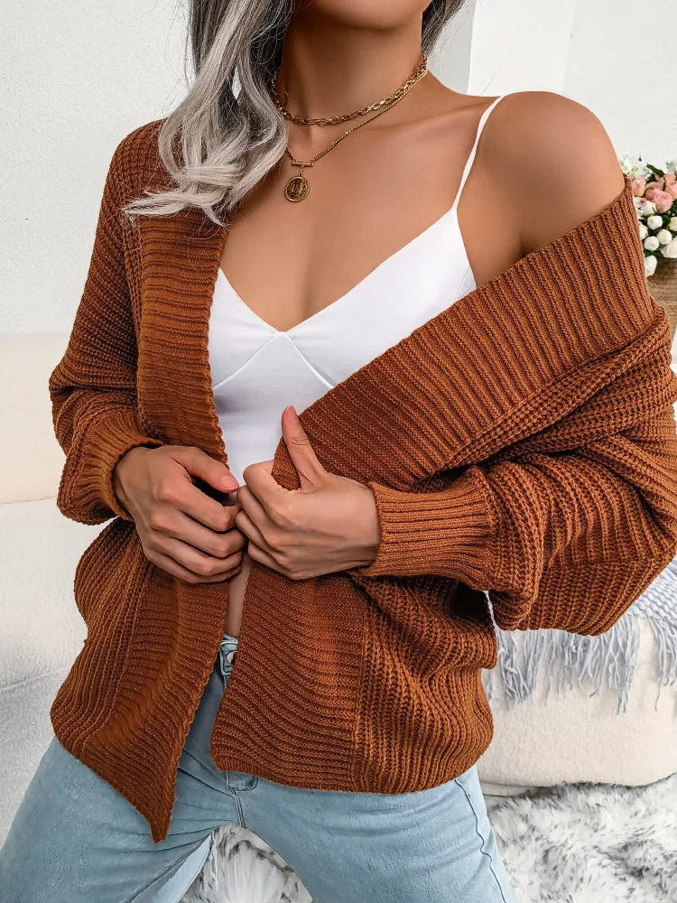 Women plus size clothing Women's Solid Color V-neck Long Sleeve Twist Knitted Jacket Sweater Coat-Nordswear