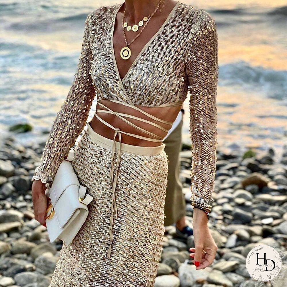 Spring Sequins Shiny Two-piece Suit Women Sexy Deep V Neck Bandage Crop Top And High Waist Skirts Set Autumn Slim Office Outfits