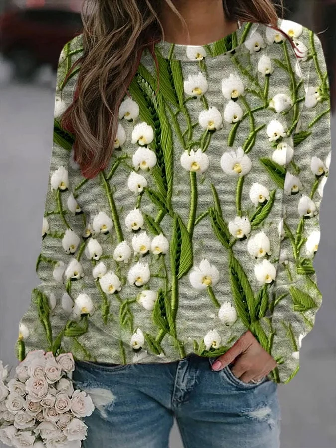 Women's Floral Embroidery Pattern Art Printed Round Neck Long Sleeve Sweatshirt