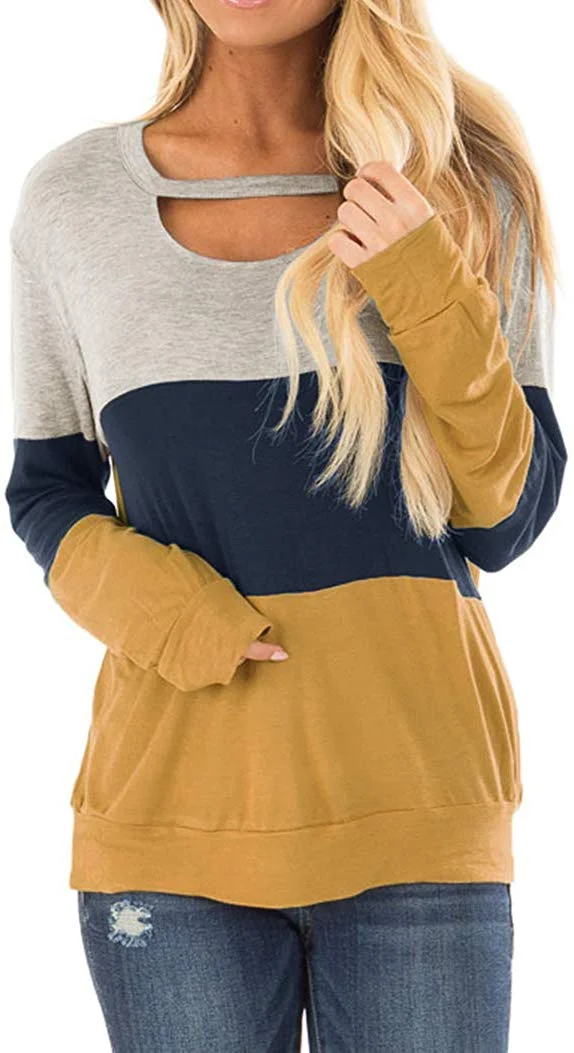 Women's Color Block Chest Cutout Tunics Long Sleeve Shirts Scoop Neck Blouse Casual Loose Tops