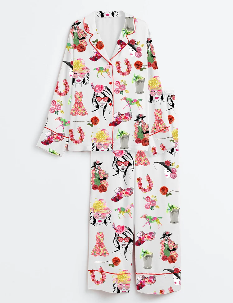 Women&rsquo;s The Kentucky Derby Derby Fashion Planner Girl Rose Horse Western Long Sleeve Satin Pajama Set