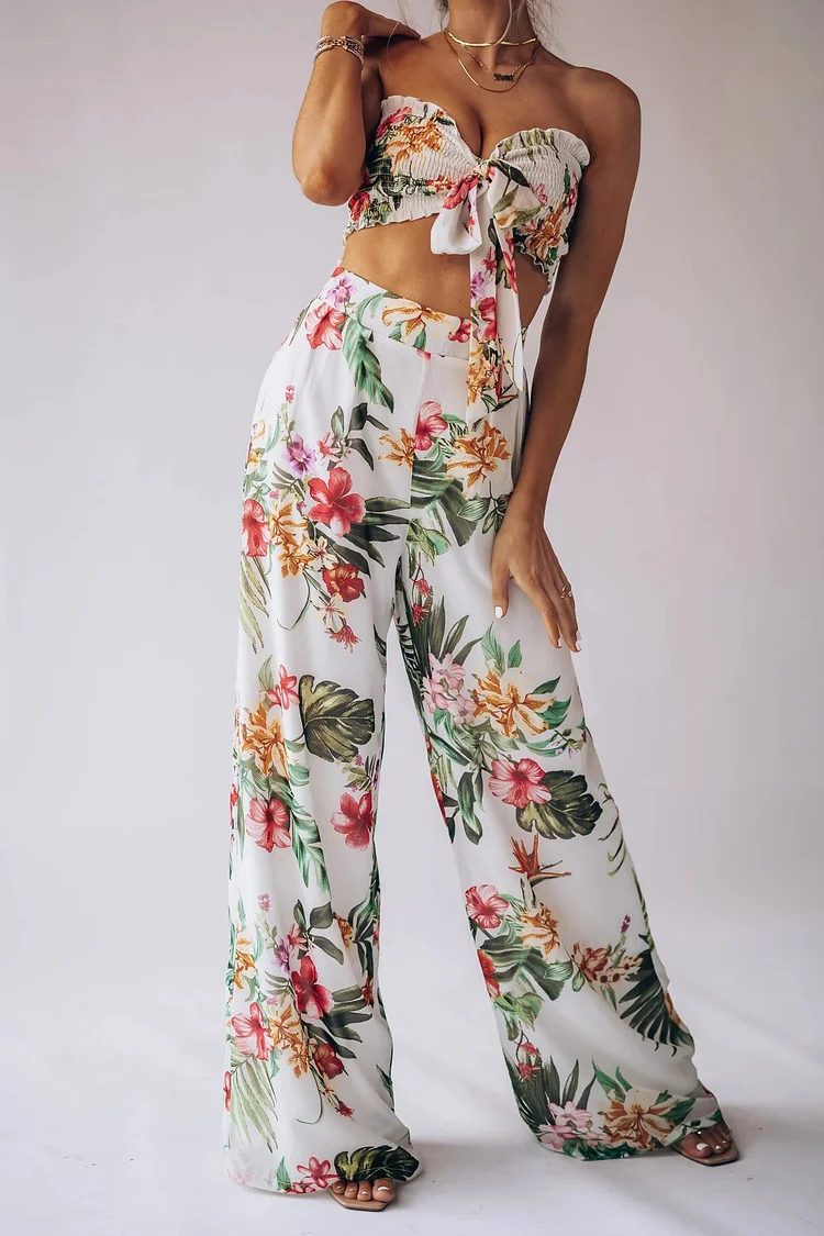 Casual Printed Crop Top and Wide Leg Pants Two-piece Set