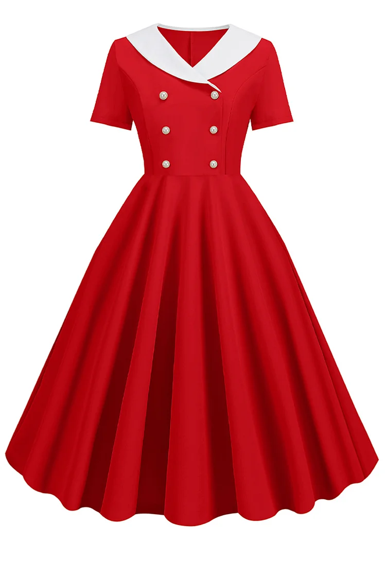 1950s Red Party Pearl Button Decor V Neck Midi Dress