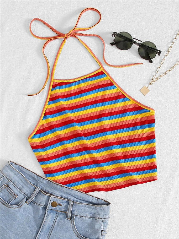Rainbow Striped Rib Knit Crop Top Women Summer Y2K Clothes High Street Harajuku Backless Sleeveless Halter Cami Top 2023 LANFUBEISI