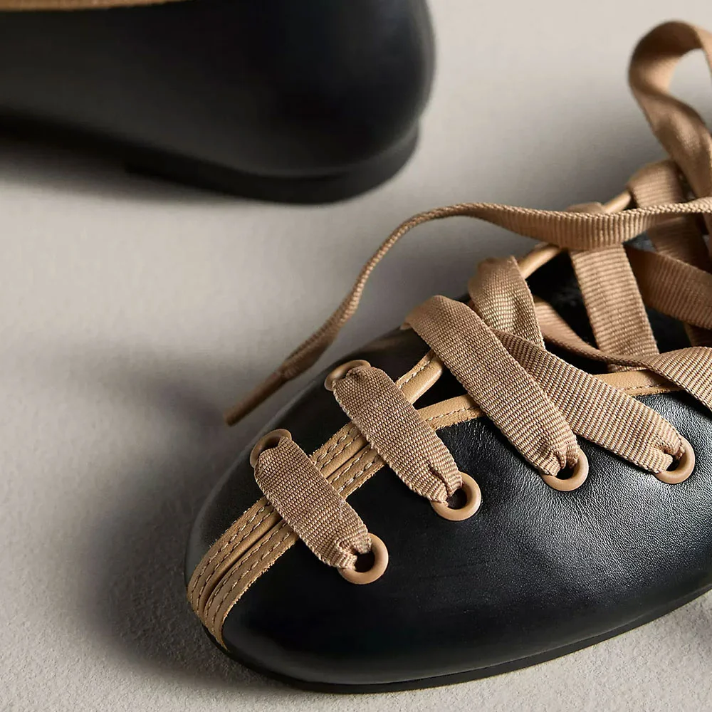 Vintage Black Round Toe Lace Up Ballet Flat Shoes for Women