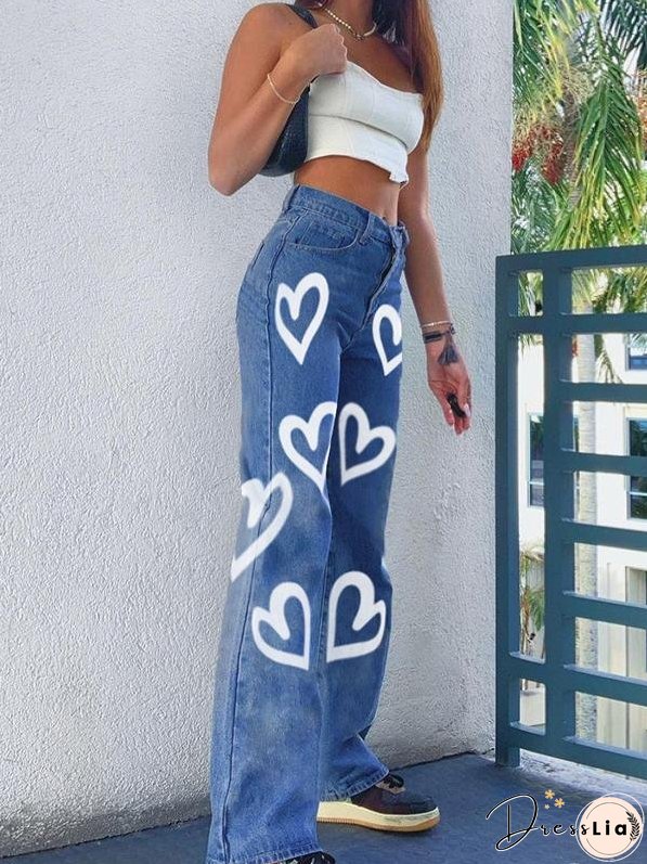 Loose Personality Graffiti Print Straight-leg Jeans for Women