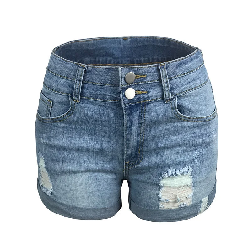 Uveng Commute Fashion Ripped Elastic High Waist Denim Shorts Women's Pants