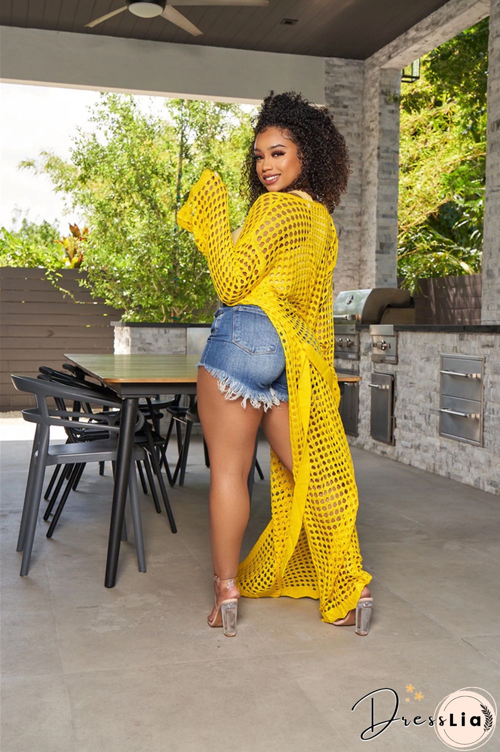 Beachwear Long Sleeve Mesh Grid Cardigan Cover-ups