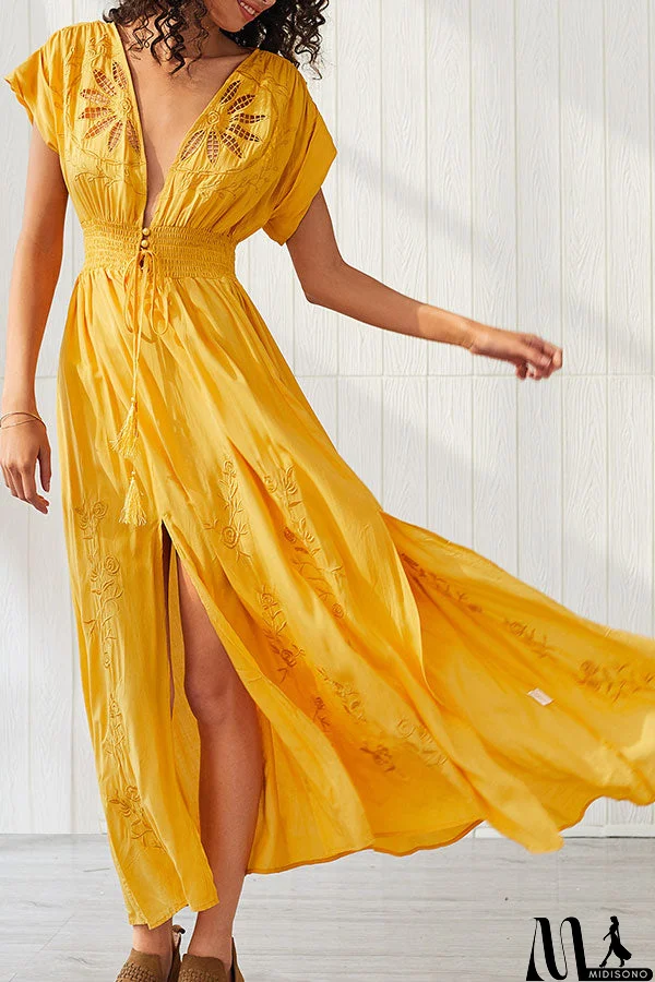 MidiSono - Yellow Slit Embroidered Maxi Dress