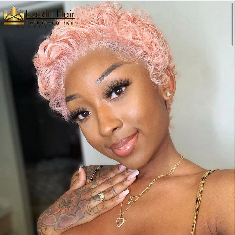 Pink/Blonde Short Curly Pixie Cut Transparent Lace Frontal Wig