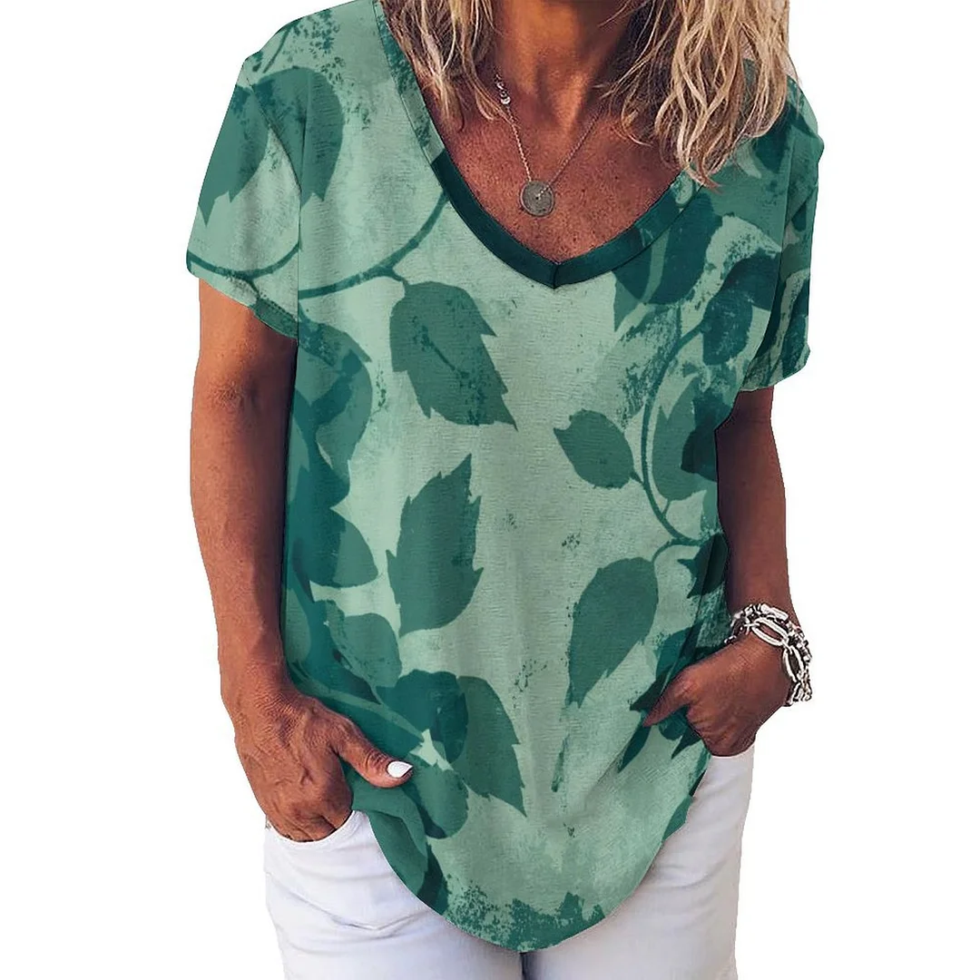 V-neck Short Sleeve Casual T-shirt for  Women Printed with Pattern Green, Leaf