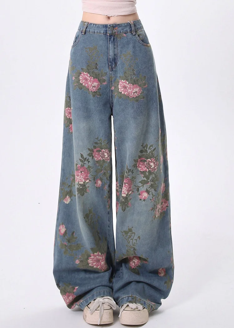 Stylish Blue Pockets Print Denim Straight Pants Spring