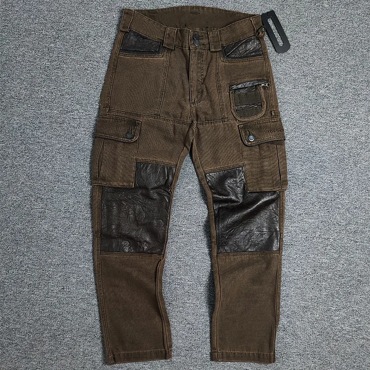 Motorcycle Heavyweight Canvas Workwear Stitching Leather Pants