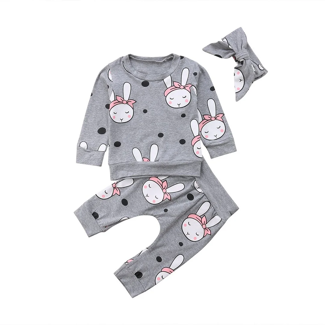 2018 Brand New Autumn Winter Toddler Baby Girls Boys Clothes 3PCS Long Sleeve Cartoon Rabbit Sweatshirt Tops+Pant+Headband Sets