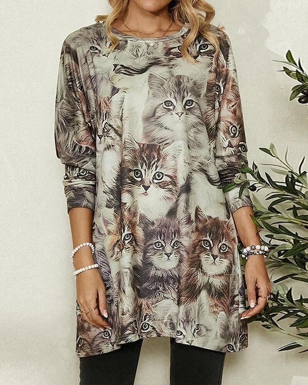 Cute Cat Print Long Sleeve Casual Pocket Blouse for Women - Chicaggo