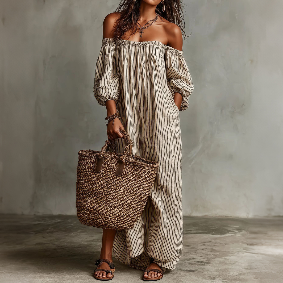 Vacation Striped Off-shoulder Cotton Linen Resort Style Maxi Dress elevenforest