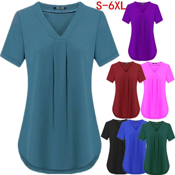 Women's Fashion Summer Sexy V-neck Short Sleeve Shirt Solid Color Loose Pleated Chiffon T-shirt Tops Blouse Plus Size S-6XL