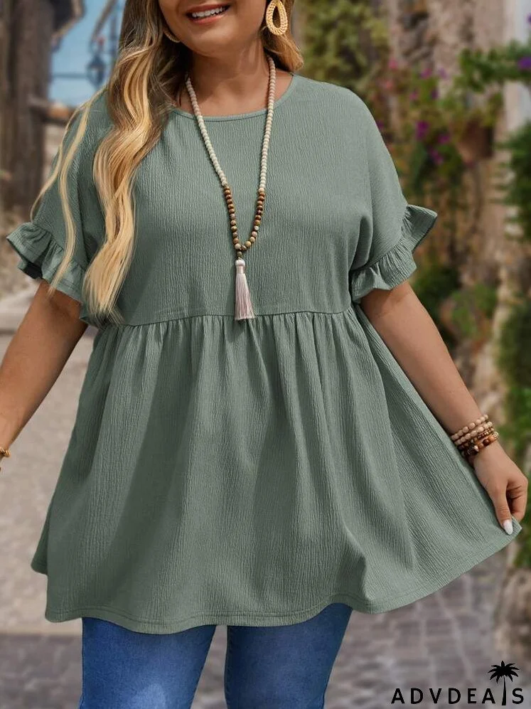 Plus Size Women's Fashionable Loose Round Neck Lace Sleeve Oversized Light Blue Shirt Mother's Day