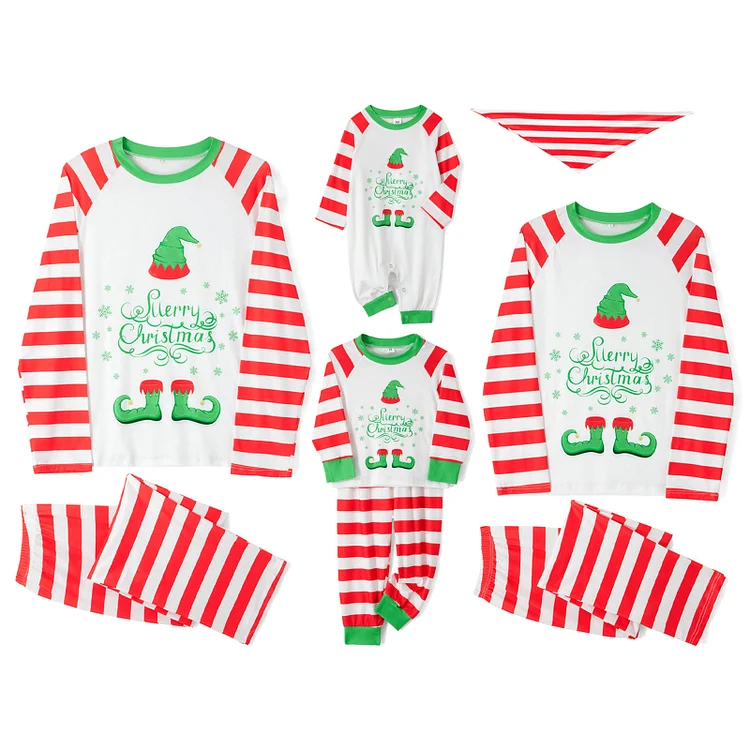 Merry Christmas Elf Print Stripes Family Matching Pajamas Set