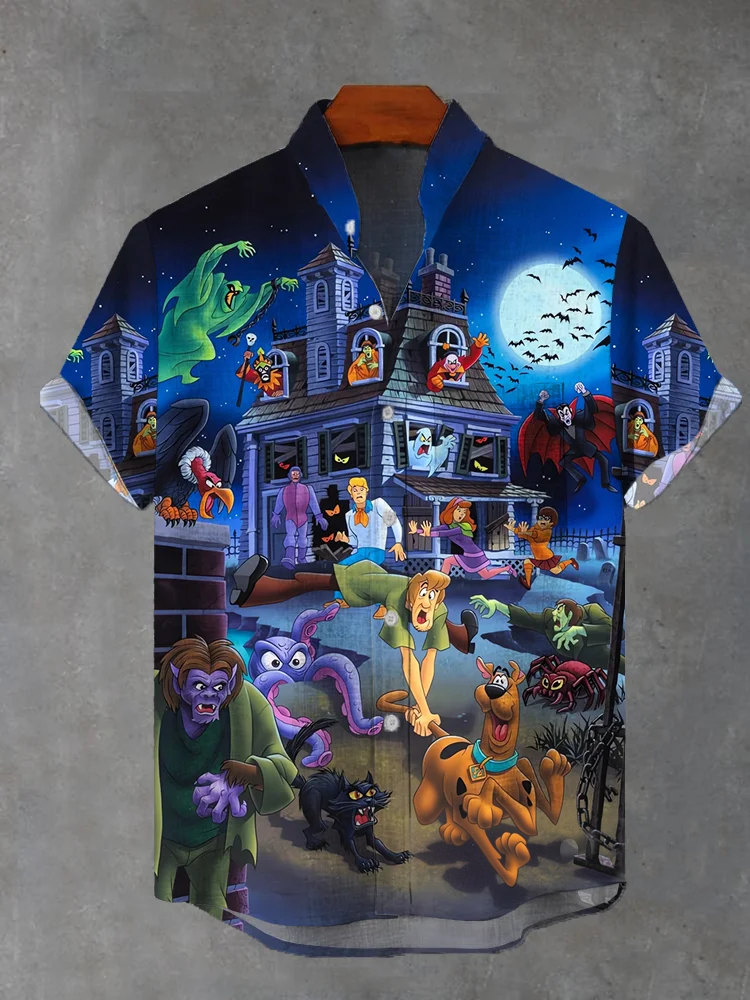 Nostalgic Anime Haunted House Carnival Party Short Sleeve Stand Collar Shirt PLUSCLOTHESMAN