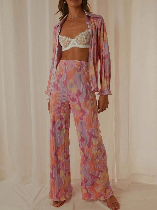 Print Long Sleeves Loose Buttoned Pleated Lapel Shirts Top + Elasticity Pants Bottom Two Pieces Set