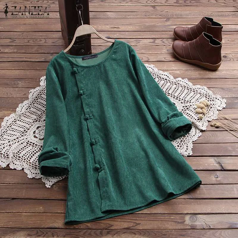 ZANZEA Vintage Corduroy Blouse 2022 Spring Long Sleeve Women Tunic Tops Loose Blusas Solid Blouses Femme Buttons Shirt