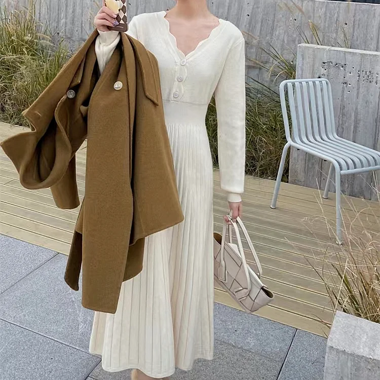 Women's Casual Fashion Knitted Flare Swing V-Neck Elegant Sweater Midi Dress