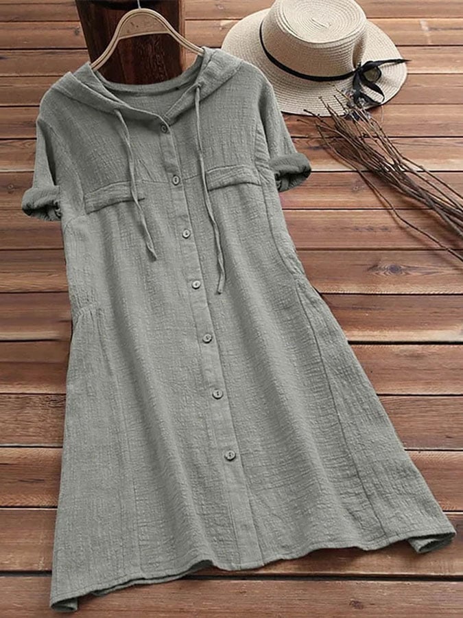 Women's cotton and linen casual hooded dress