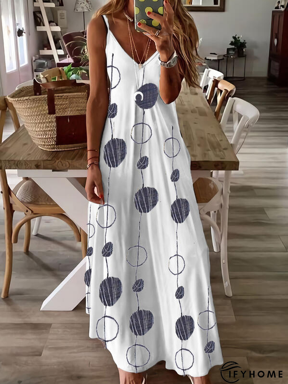 Printed Spaghetti-Strap Casual V neck Knitting Dress | IFYHOME