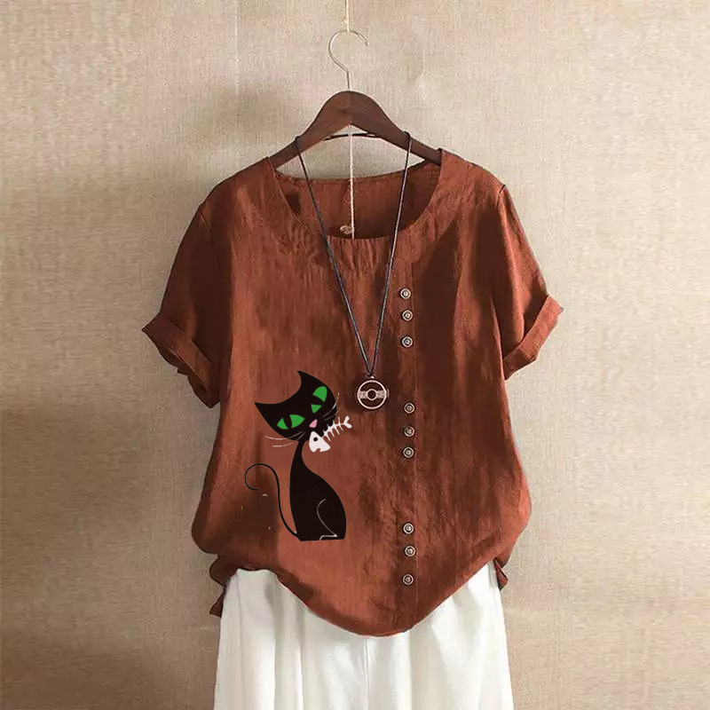 Groksage Woman Blouse 2025 Summer Retro Casual Loose Fitting Cotton And Linen Short Sleeved Pullover Shirt Ladies Botton Cat Print Tops