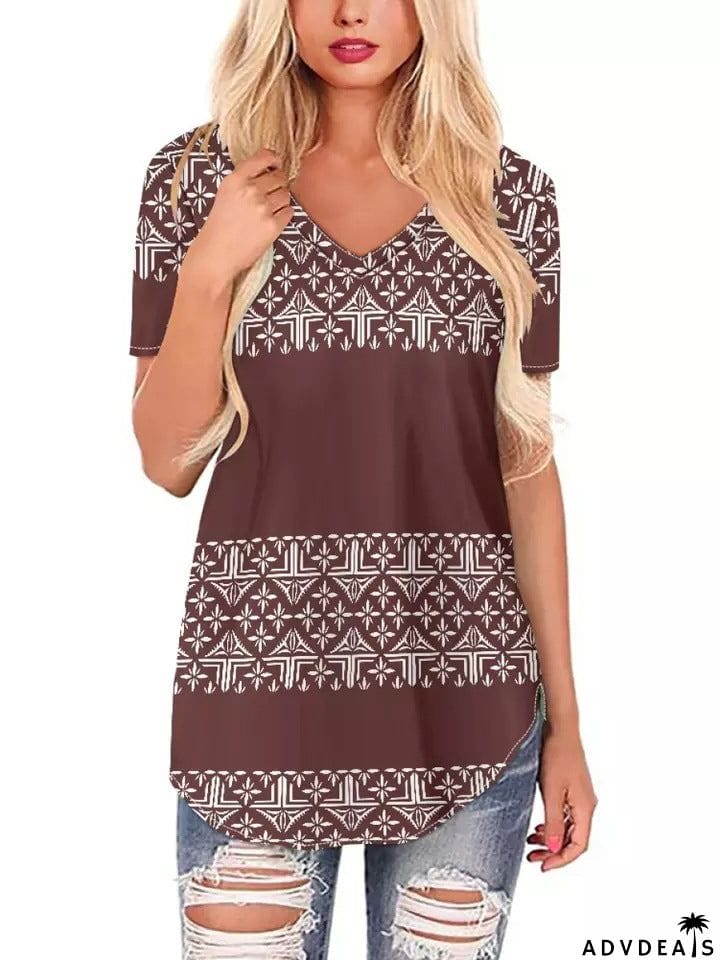 Women's Leisure Summer Printed V Neck Short Sleeve T-shirt