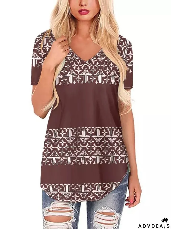 Women's Leisure Summer Printed V Neck Short Sleeve T-shirt