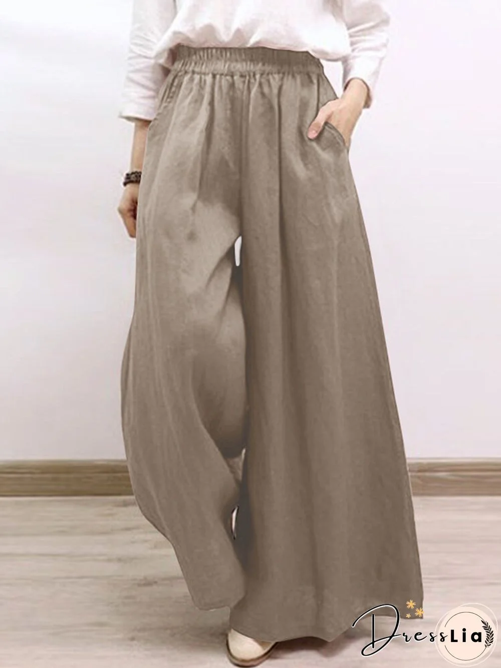 Solid Pocket Elastic Waist Wide Leg Casual Pants