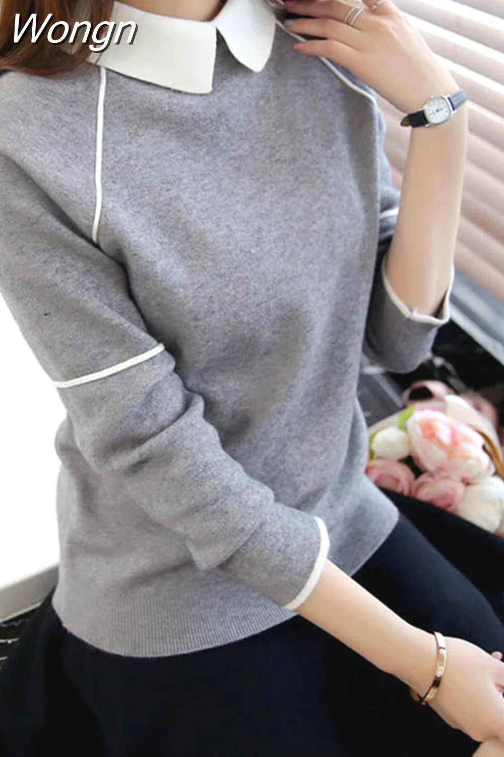 Wongn 2023 New Doll Collar Sweater Women Contrast Color Patchwork Pullover Long Sleeve Fashion Bottoming Sweaters Jumper 37230