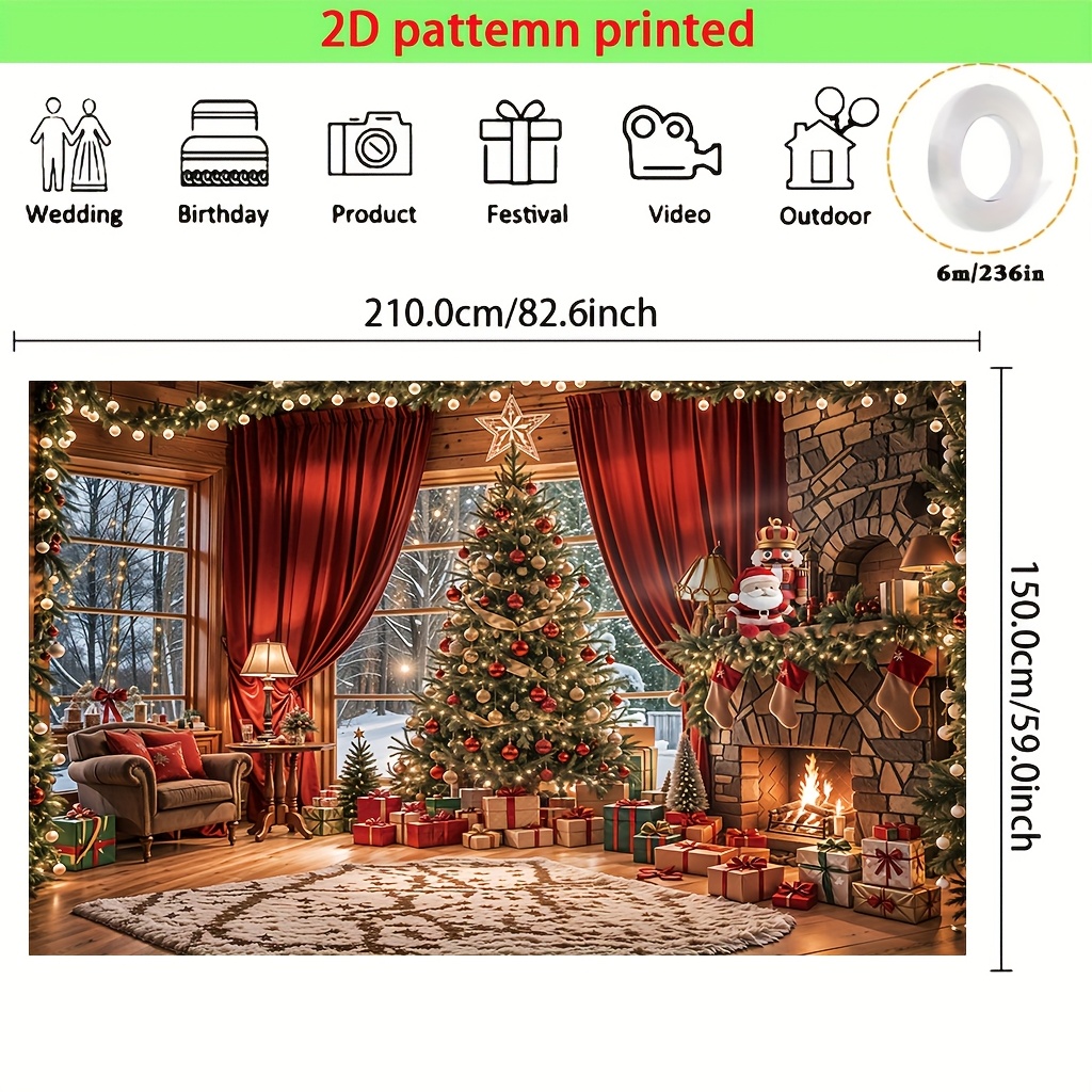 Tegooe Cozy Christmas Fireplace Tree Backdrop Festive Photo Booth Background Banner with Hanging Holes Multi-Size Options