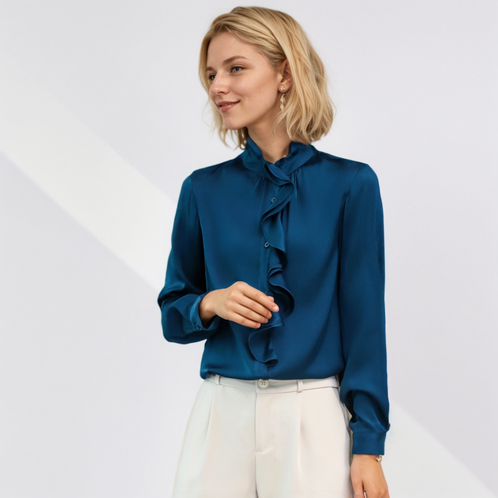 Ruffled Silk Blouse Solid Color REAL SILK LIFE