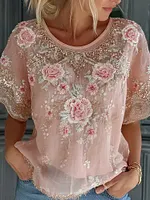 Women's Vintage Floral Embroidered Art Flowy Linen Blend Short Sleeve Casual Tops