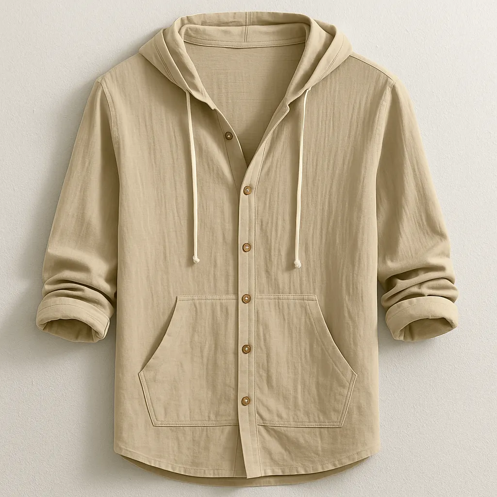 Men's Cotton-Linen Hooded Shirt &ndash; Relaxed Button-Up Layer &ndash; Sand