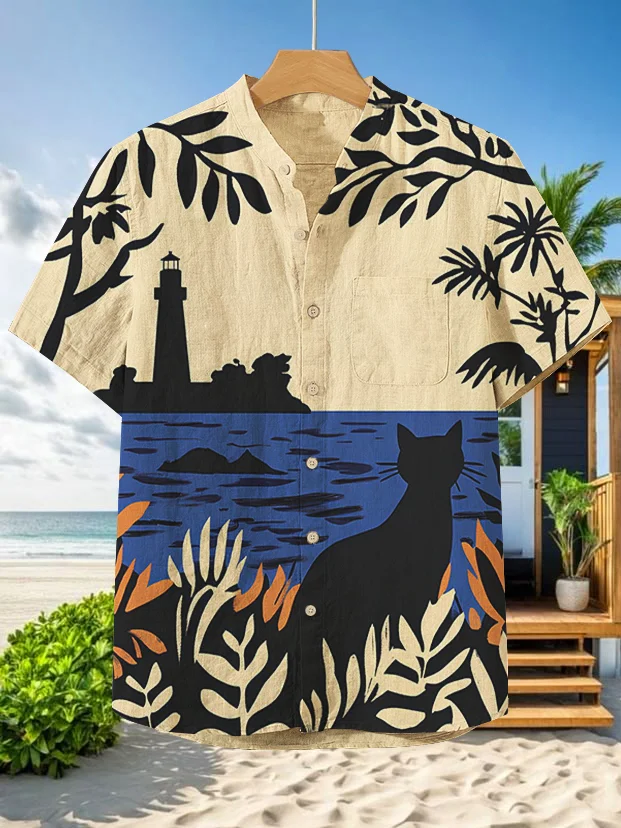 Men's Hawaii Lighthouse Ocean Cat Holiday Print Short Sleeve Shirt