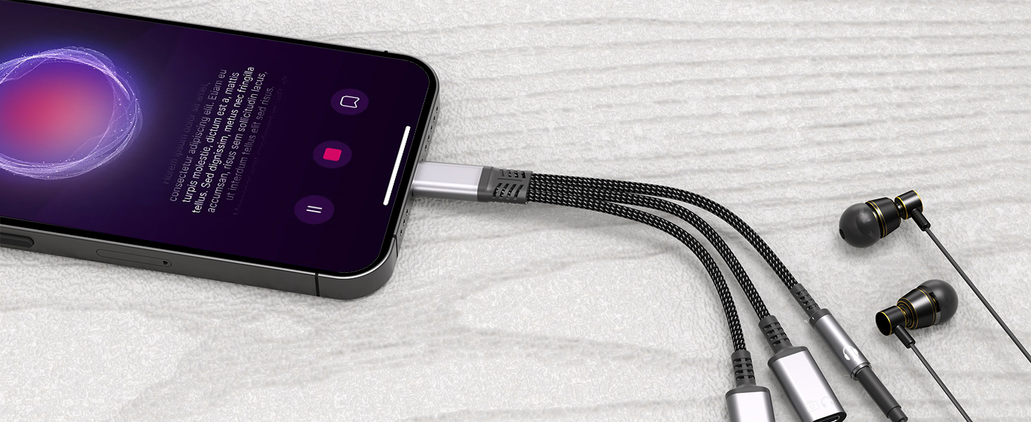 This a usb c male to female 3.5mm jack and dual usb c for headphone and charging with data transfer