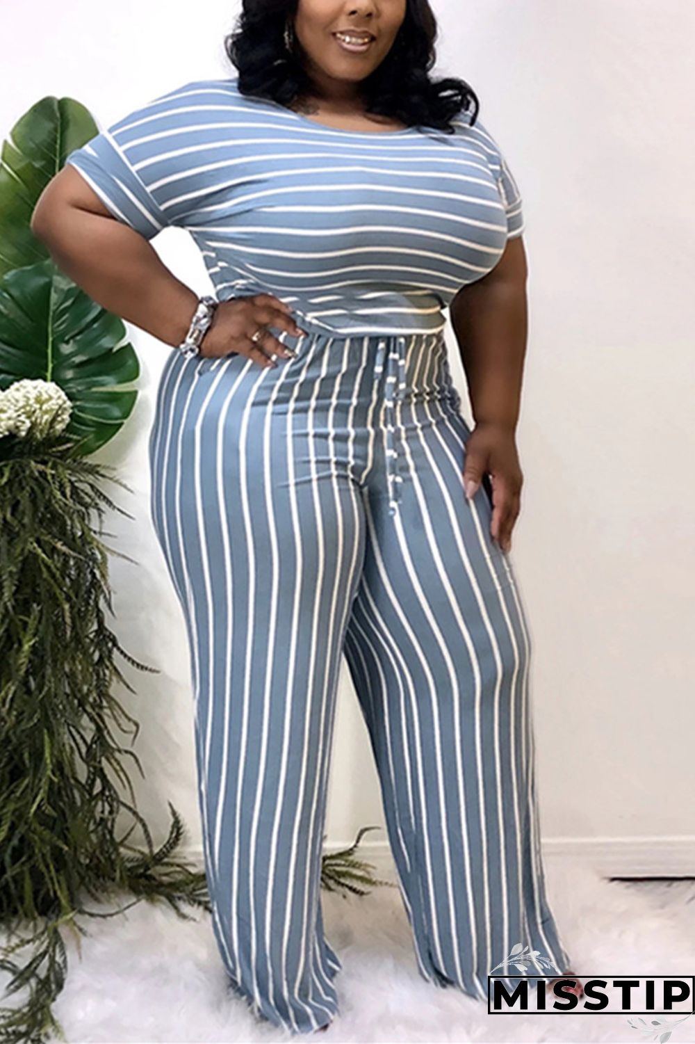 Light Blue Sexy O Neck Striped Print Stripe Plus Size