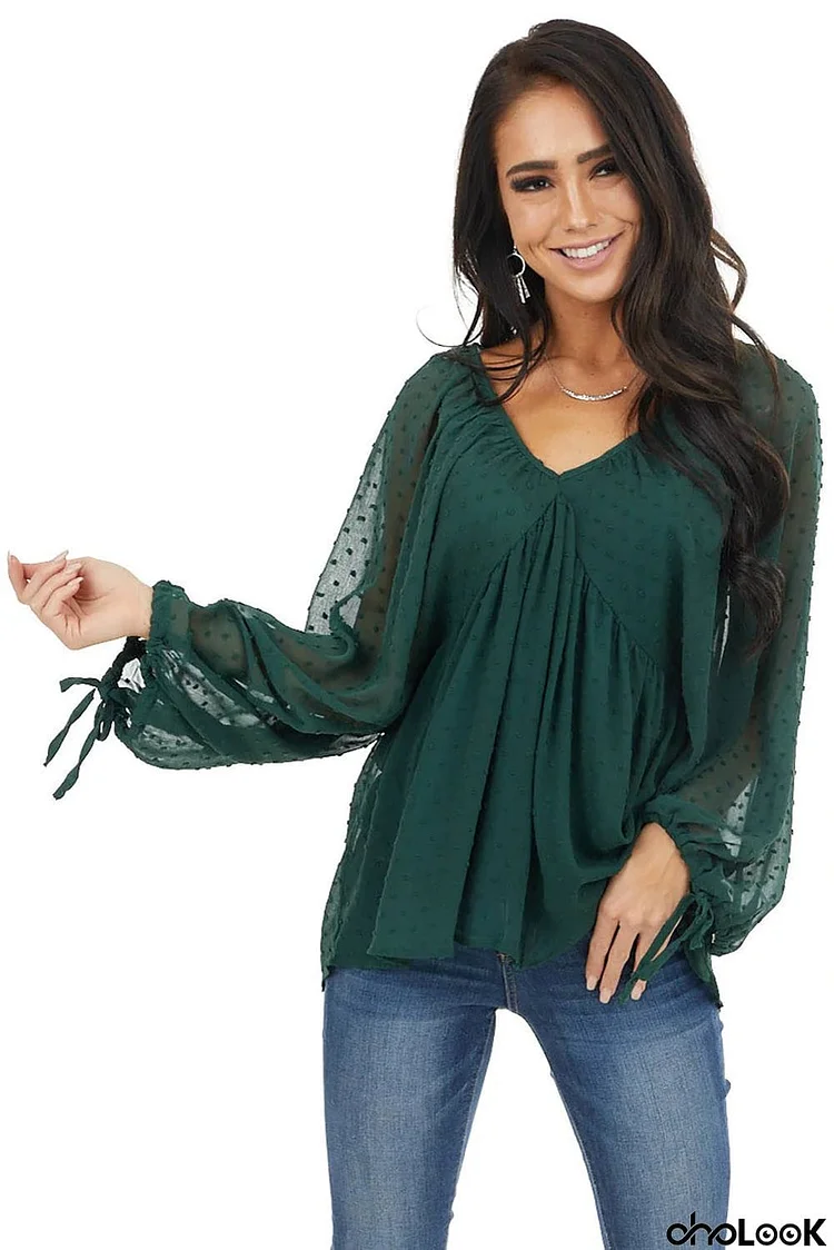 Swiss Dot Lace-up V Neck Long Sleeve Top