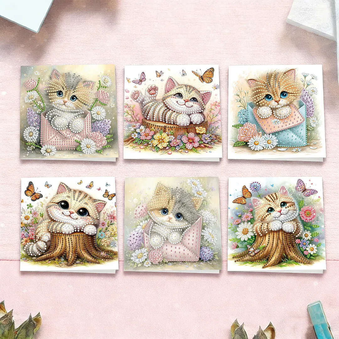 6pcs Cat And Flower Pattern DIY Diamond Painting Greeting Card Set with Envelope Diamond Painting Daily Wishing Cards for Birthdays Thanksgiving & Special Occasion