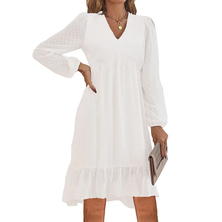 Women's Fashion V Neck Long Sleeve A Line High Waist Casual Dress