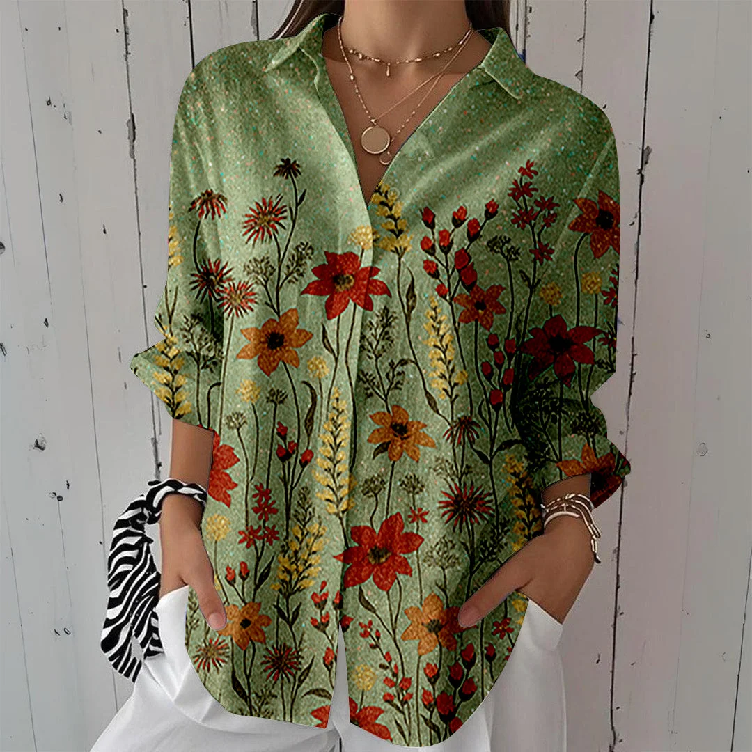 Style & Comfort for Mature Women Women Glitter,Floral,Green DZCL0005 3/4 Sleeve Shirt Collar Printed Button Tops